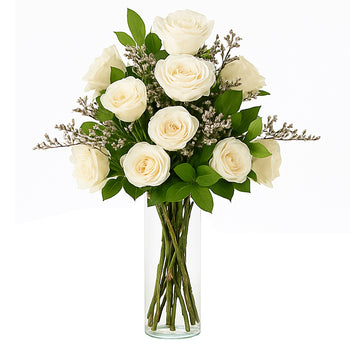 12 White Roses in Vase
