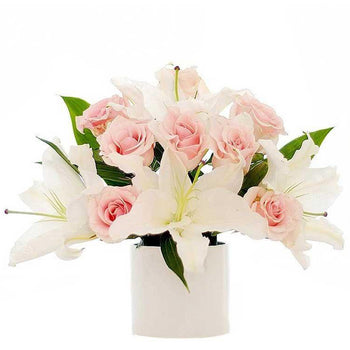 White Lilies And Pink Roses in Vase