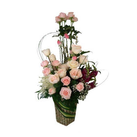 White And Soft Pink Roses, Casablanca Lily And Filler in Vase