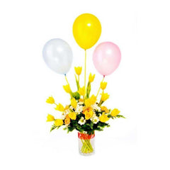 Assortment Of Yellow Rose And White Daisies With Balloons in Vase