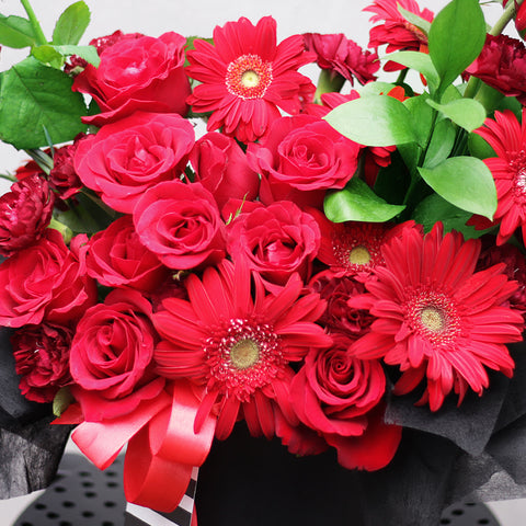 A dramatic and passionate bloom box arrangement overflowing with an assortment of red flowers. It features classic red roses, vibrant red gerberas, and smaller red carnations. The flowers are artfully arranged in a round, matte black box. The arrangement is accented with green leaves and wrapped at the top with ruffled black tissue paper. A striking red satin ribbon and a black-and-white striped ribbon are tied around the box. This bold and romantic gift is perfect for anniversaries and declarations of love