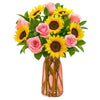 Hot Sunshine Yellow With 6 Stalks Pink Roses in Vase