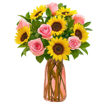 Hot Sunshine Yellow With 6 Stalks Pink Roses in Vase