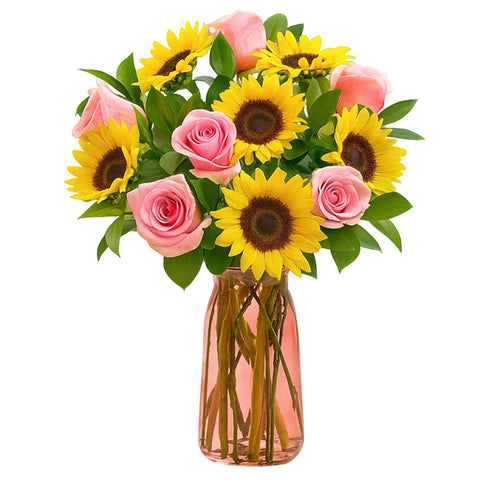 Hot Sunshine Yellow With 6 Stalks Pink Roses in Vase