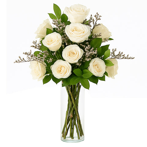 12 White Roses in Vase