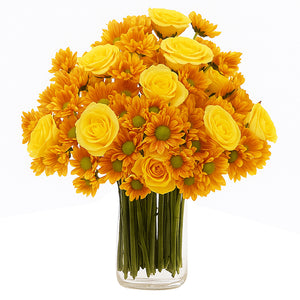 12 Yellow Roses With Daisies in Vase