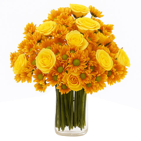 12 Yellow Roses With Daisies in Vase