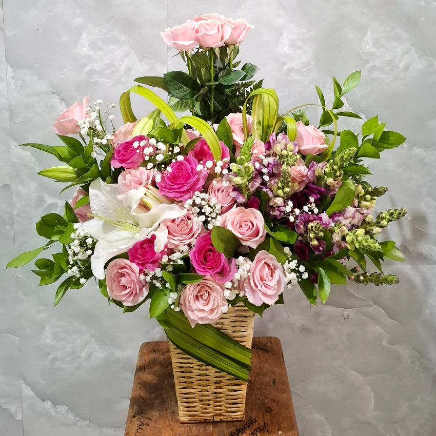 White And Soft Pink Roses, Casablanca Lily And Filler in Vase