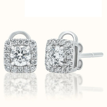 Round Diamond Earrings with Squared Halo