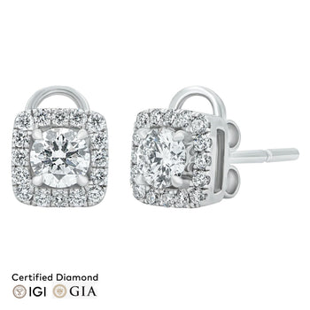 Sol et Terre Round Diamond Earrings with Squared Halo