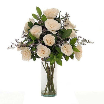 12 White Roses in Vase