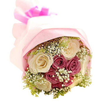 9 Stems Of Pink And White Roses Hand Bouquet