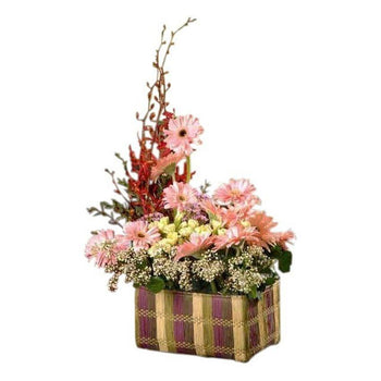 Pink Gerberas With White Carnations And Other Flowers Table Arrangement in Basket