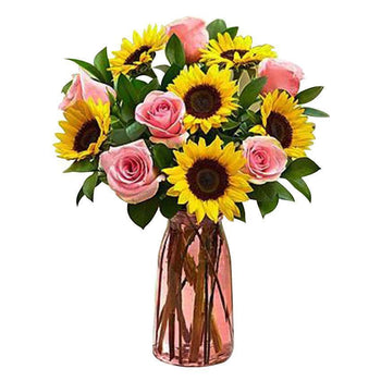 Hot Sunshine Yellow With 6 Stalks Pink Roses in Vase