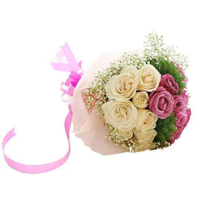 15 Stems Of White And Pink Roses With Fillers Hand Bouquet