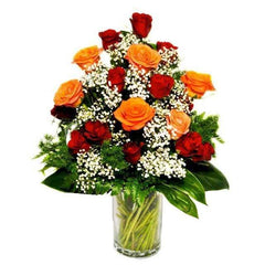 18 Red And Orange Roses in Vase