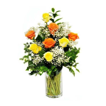 12 Orange And Yellow Roses in Vase