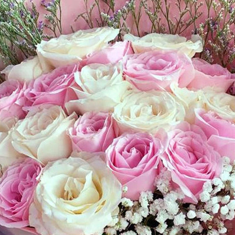 Majestic Pink and White Roses with Baby Breath Bouquet