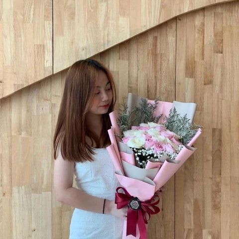 Majestic Pink and White Roses with Baby Breath Bouquet