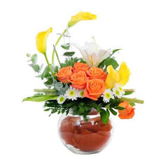 Arrangement Of Yellow Calla Lily, Orange Rose, White Lily And Filler in Vase