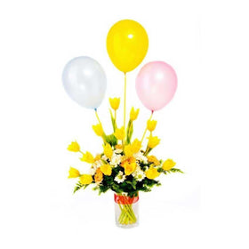 Assortment Of Yellow Rose And White Daisies With Balloons in Vase