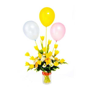 Assortment Of Yellow Rose And White Daisies With Balloons in Vase