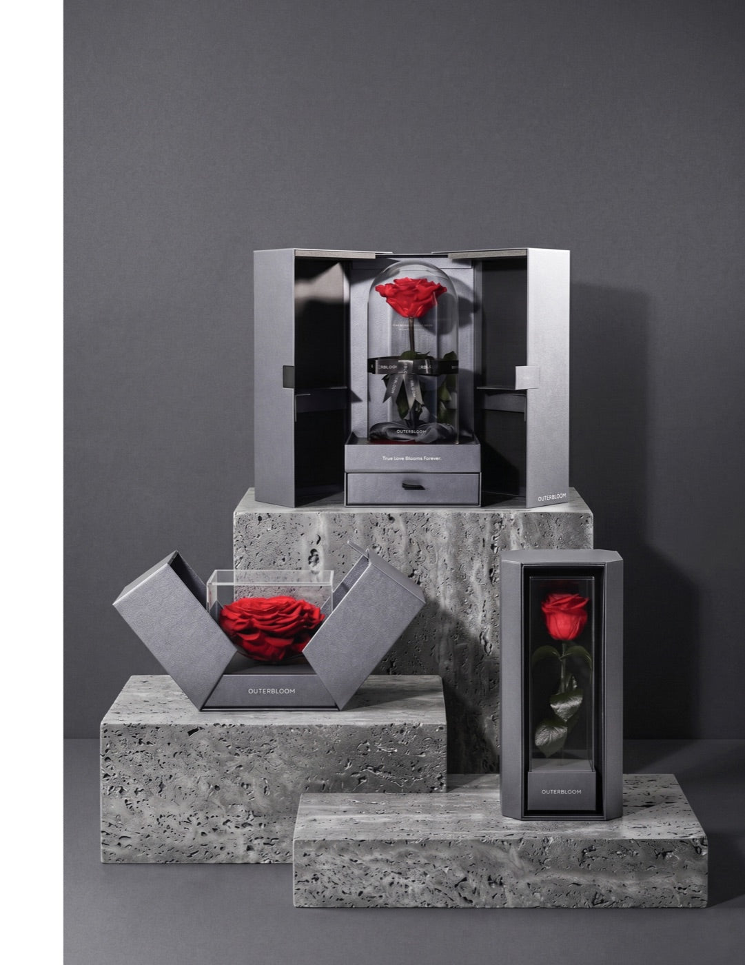 Outerbloom preserved roses presented in glass dome gift boxes on travertine
